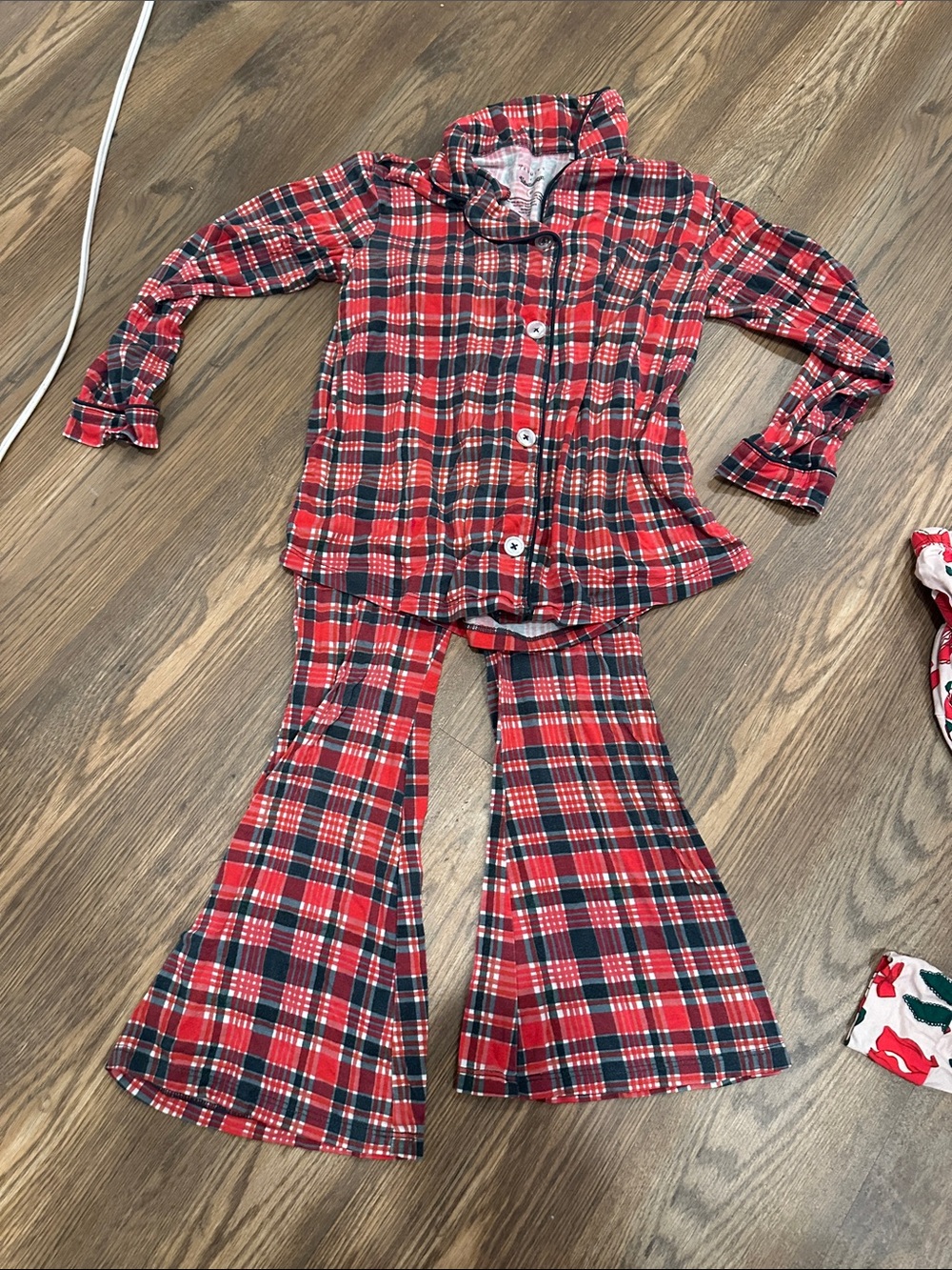 Kids Red Plaid Button-Up Pajama Set with Flared Pants